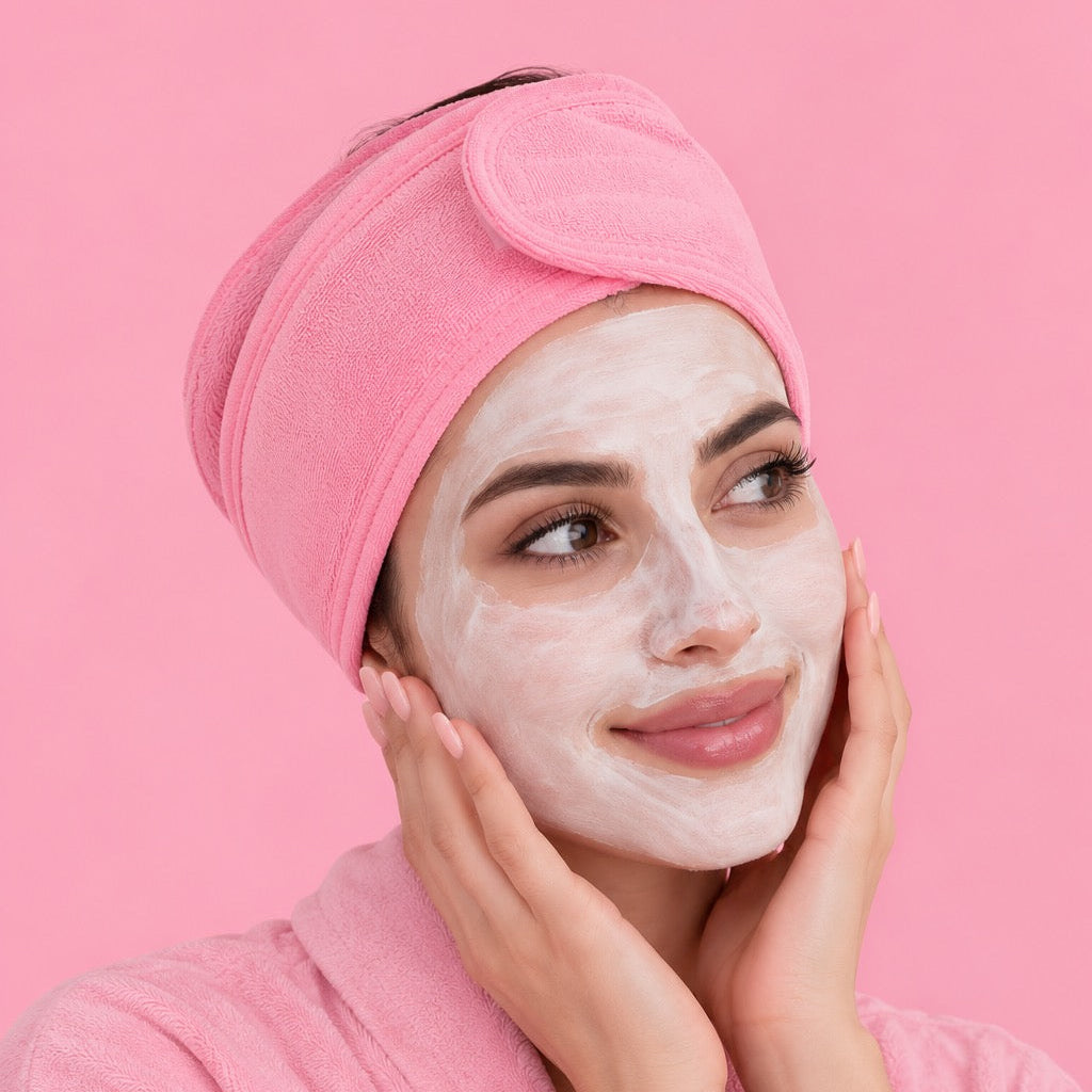 A woman wearing a pink bathrobe and matching pink towel wrap on her head, with white facial mask cream on her face, posing against a solid pink background.