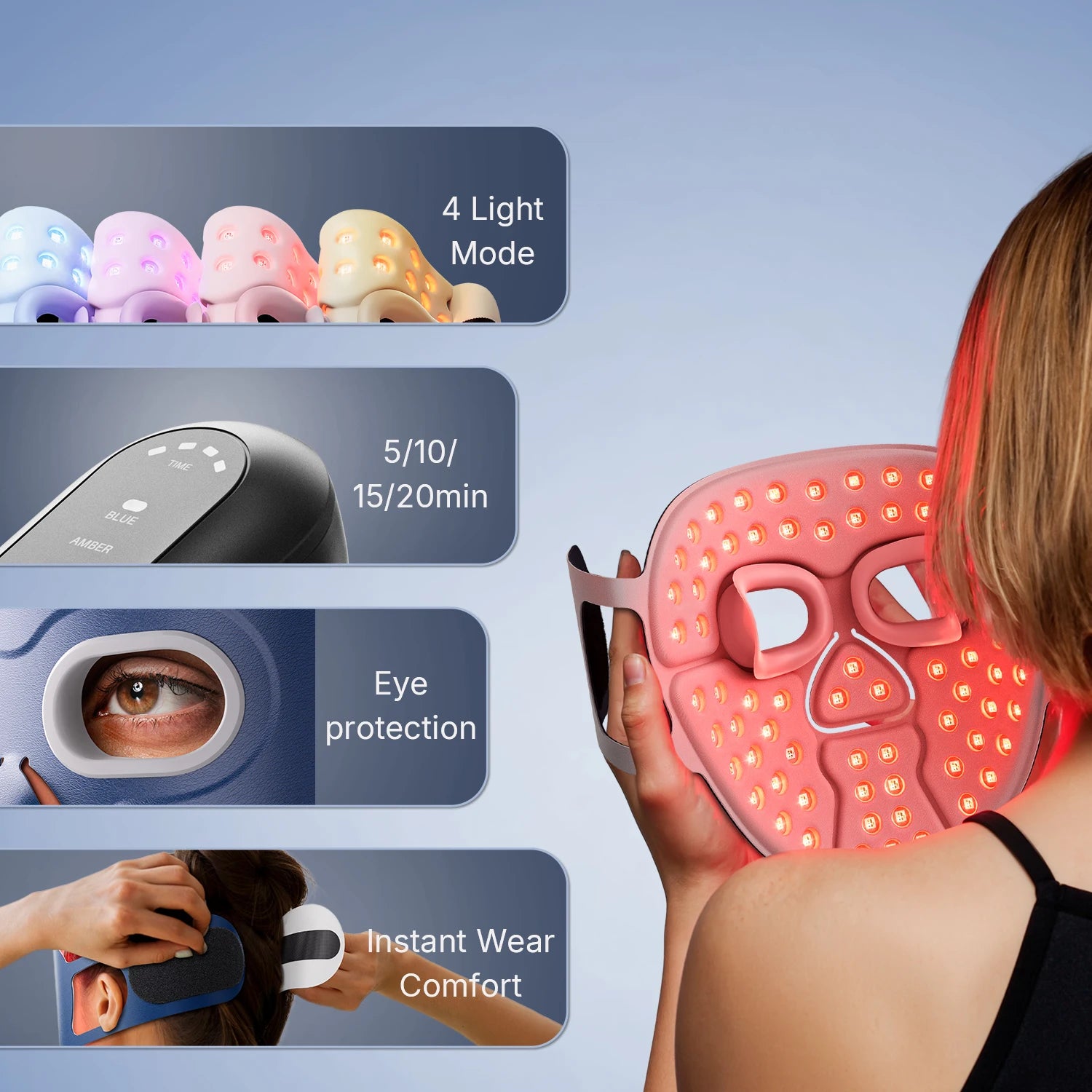 LED face mask shown in black and blue colour options with handheld controller