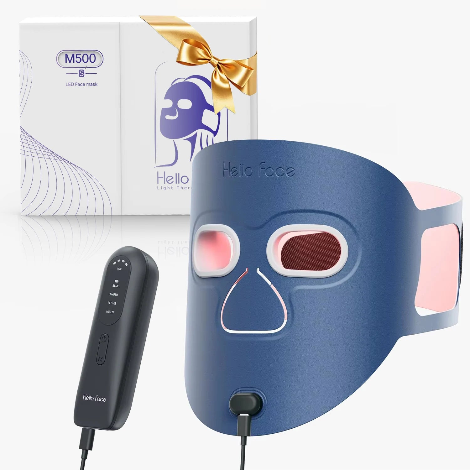 Woman wearing the glowlists cordless LED face and neck mask emitting red light